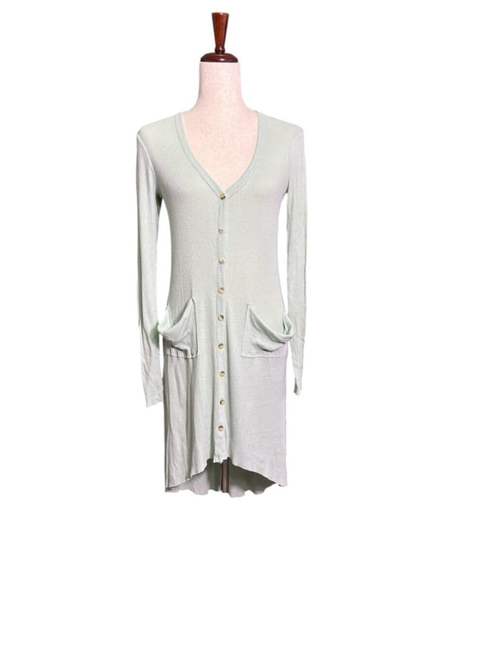 FP Beach Light Sage Green Long Sleeve Button-Front Dress Pockets Size Small 0153
